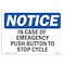 Signmission OSHA Sign, 7" H, Rigid Plastic, In Case Of Emergency Push Button To Stop Cycle Sign, Landscape OS-NS-P-710-L-13661 - alternate 1